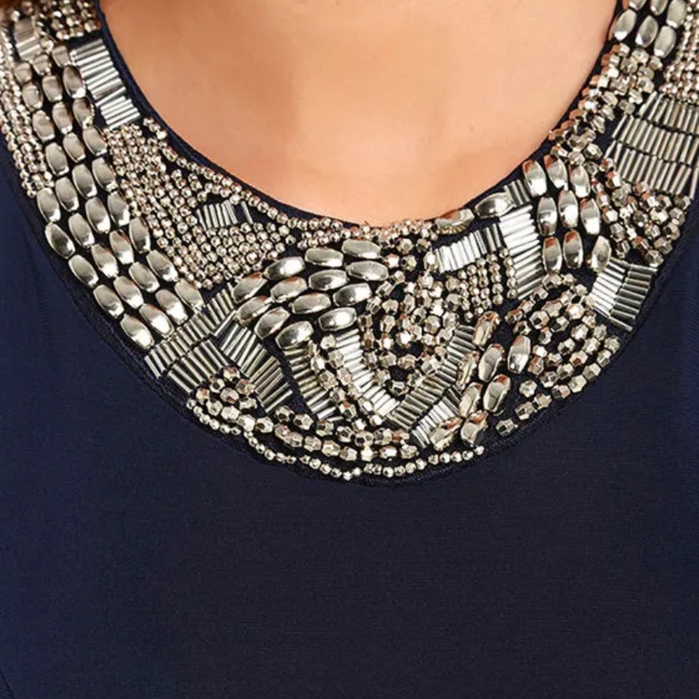 Lulu's Navy Beaded-Neckline Evening Gown - Picture 2 of 16
